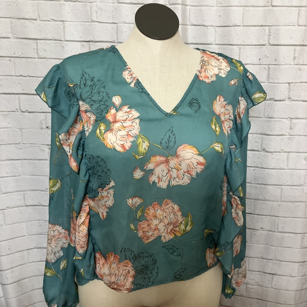 Kaari Blue Teal Pink Floral Ruffle Blouse Women's Large Cottagecore